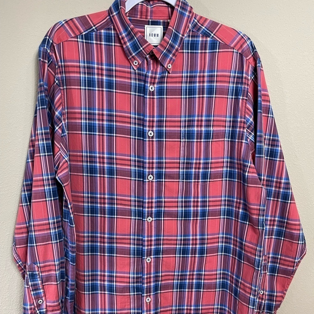 ROWM Men's long‎ sleeve Button Down cotton plaid Shirt, sz L, GUC